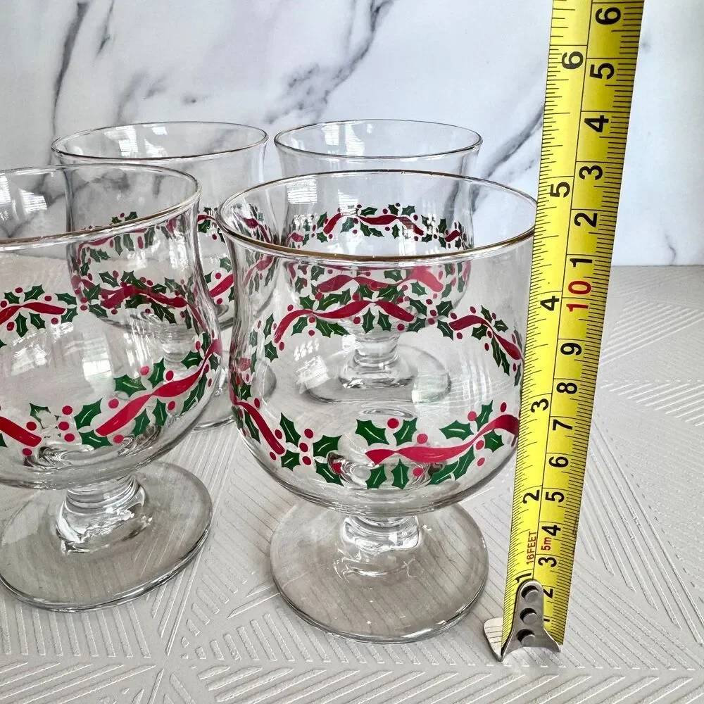 Vintage Libbey Holly Berry Red Ribbon Christmas Dessert Glass Goblet Set of 4